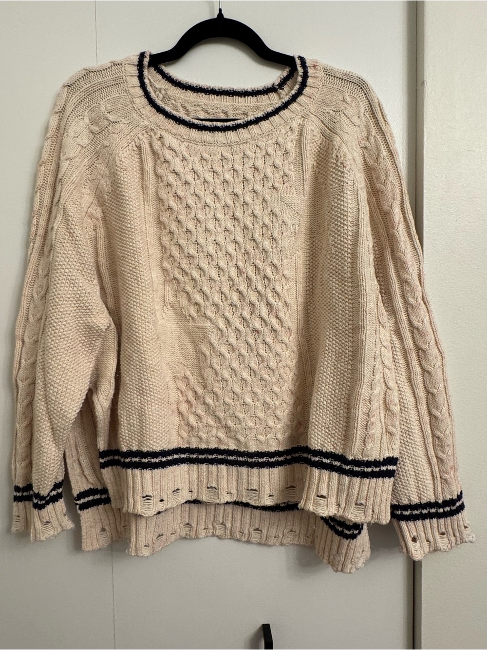 Pilcro Cream Cable Knit Sweater with Navy Trim